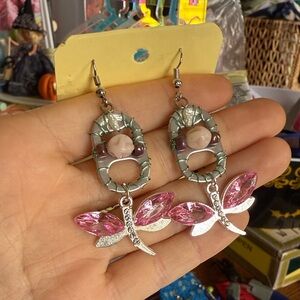 Hand Crafted Pink and Silver Dragonfly Earrings Upcycled by EKA